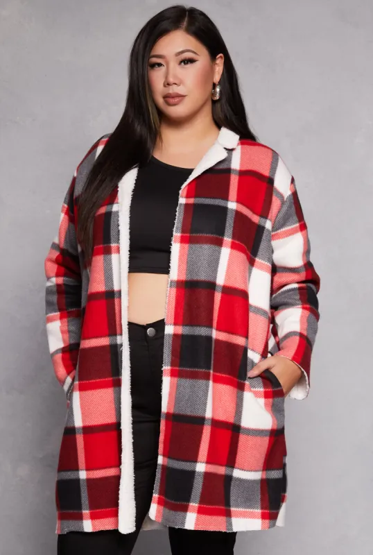 Plus Size Plaid Sherpa Lined Open Front Long Shacket sold by Rainbow