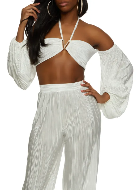 Plisse Rhinestone Detail Puff Sleeve Top sold by Rainbow