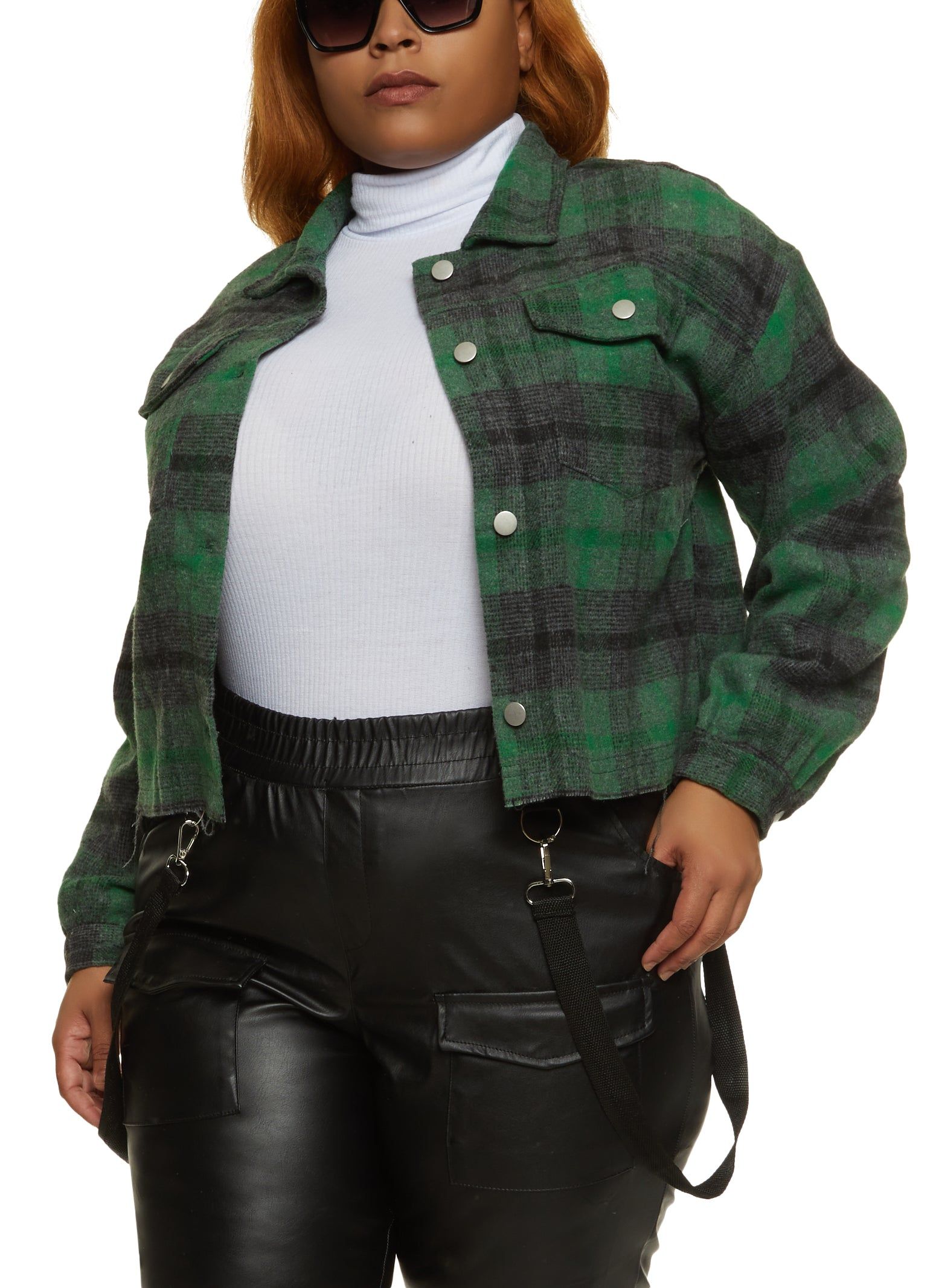Plus Size Plaid Raw Hem Cropped Shacket sold by Rainbow