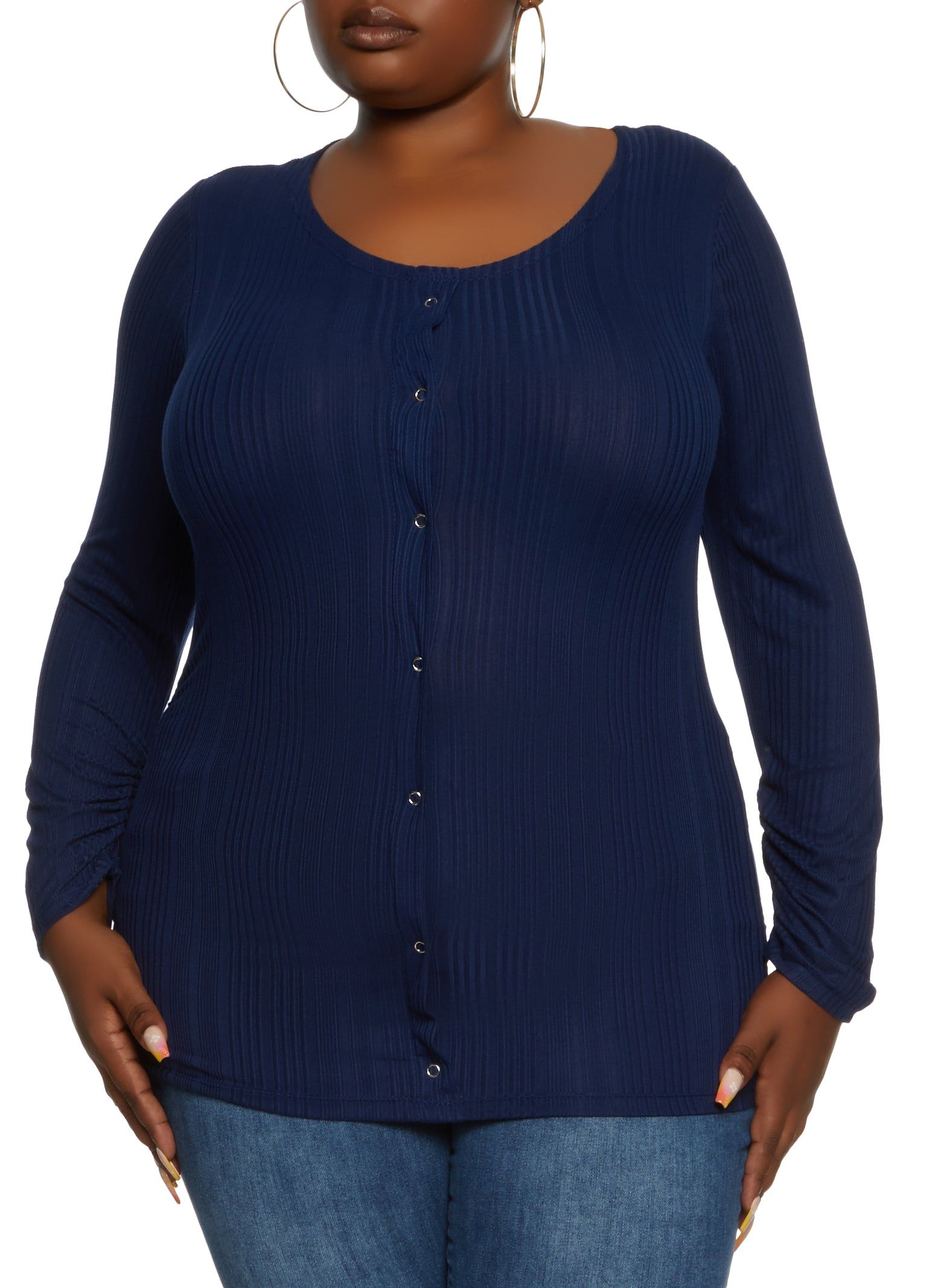 Plus Size Ribbed Snap Button Front Crew Neck Top sold by Rainbow