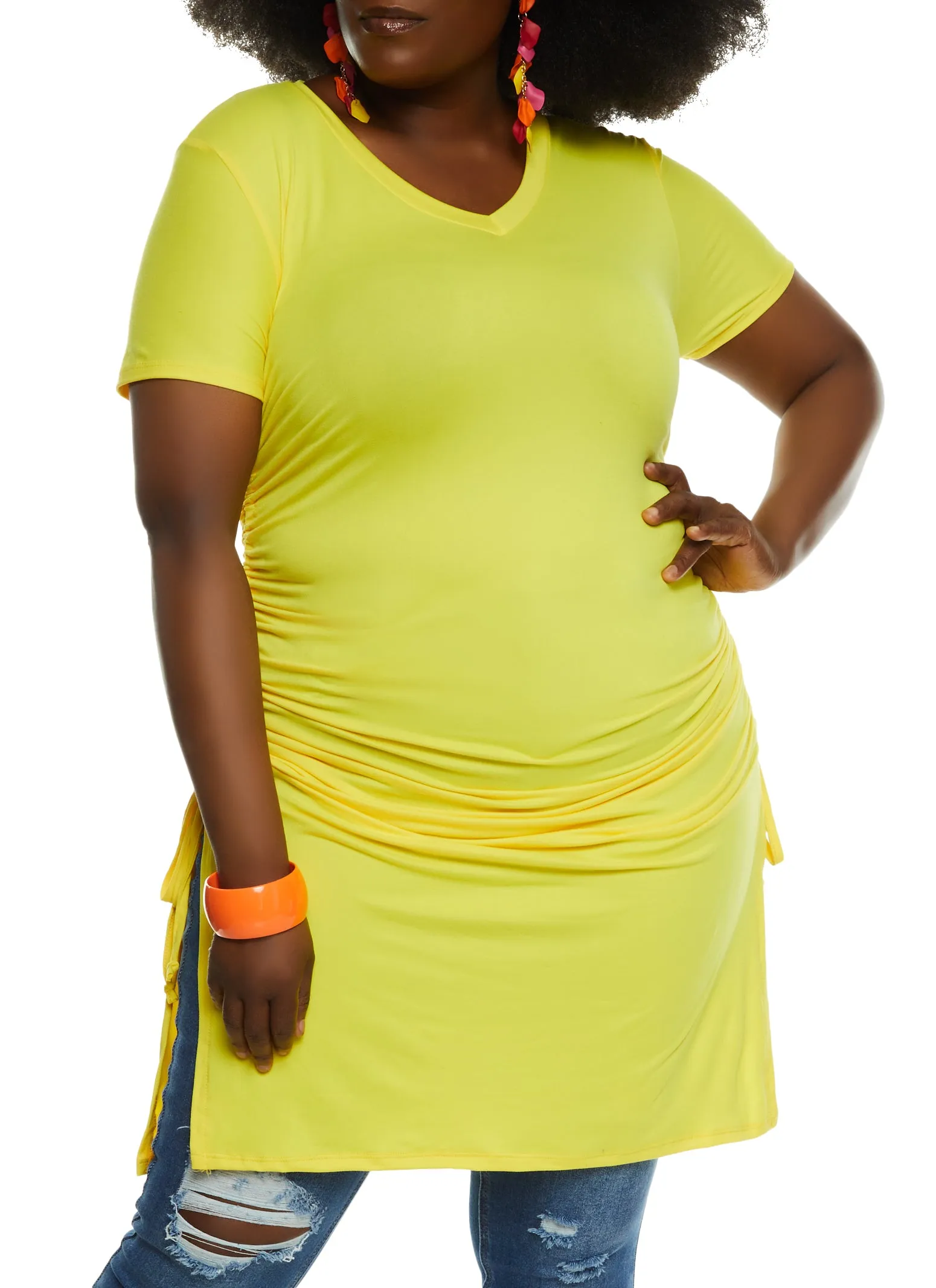 Plus Size Ruched Side V Neck Top sold by Rainbow