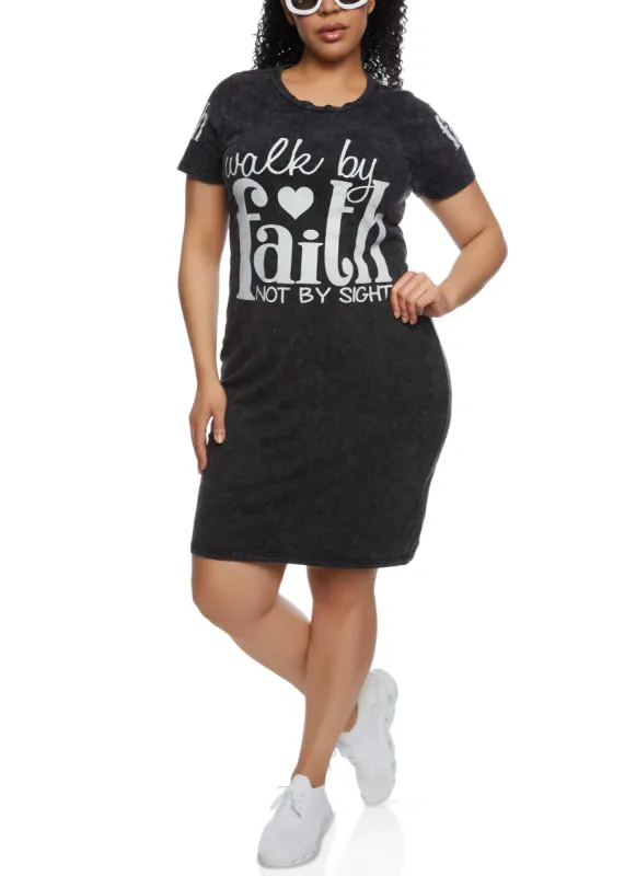 Plus Size Walk By Faith Not By Sight Acid Wash T Shirt Dress sold by Rainbow