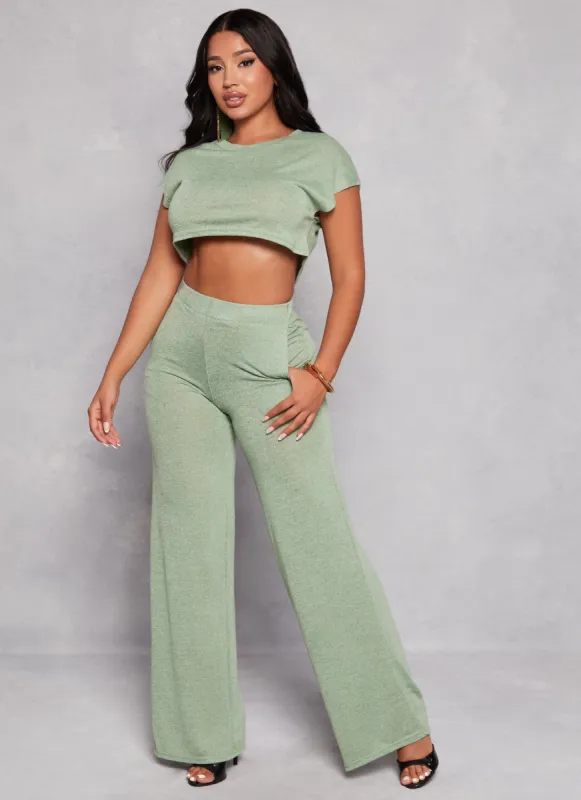 Daisy Solid Brushed Knit High Waisted Wide Leg Pants sold by Rainbow
