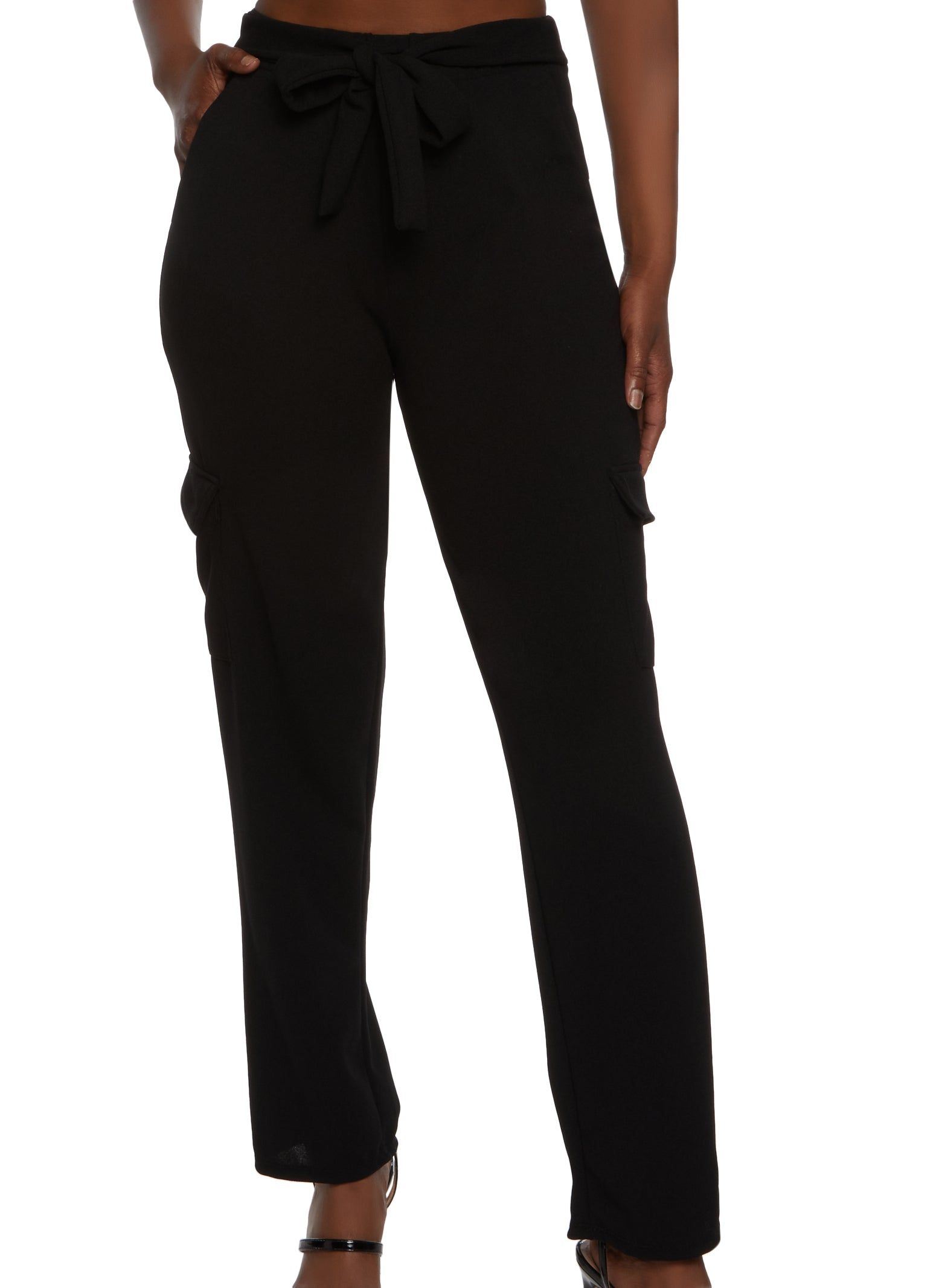 Crepe Knit Tie Waist Cargo Pants sold by Rainbow