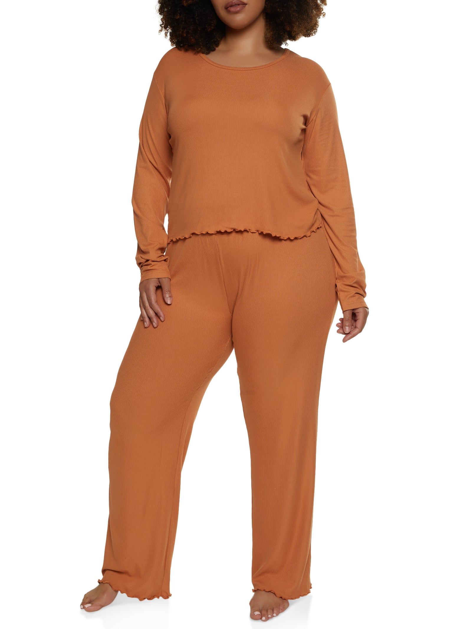 Plus Size Solid Ribbed Knit Lettuce Edge Pajama Top and Pants sold by Rainbow