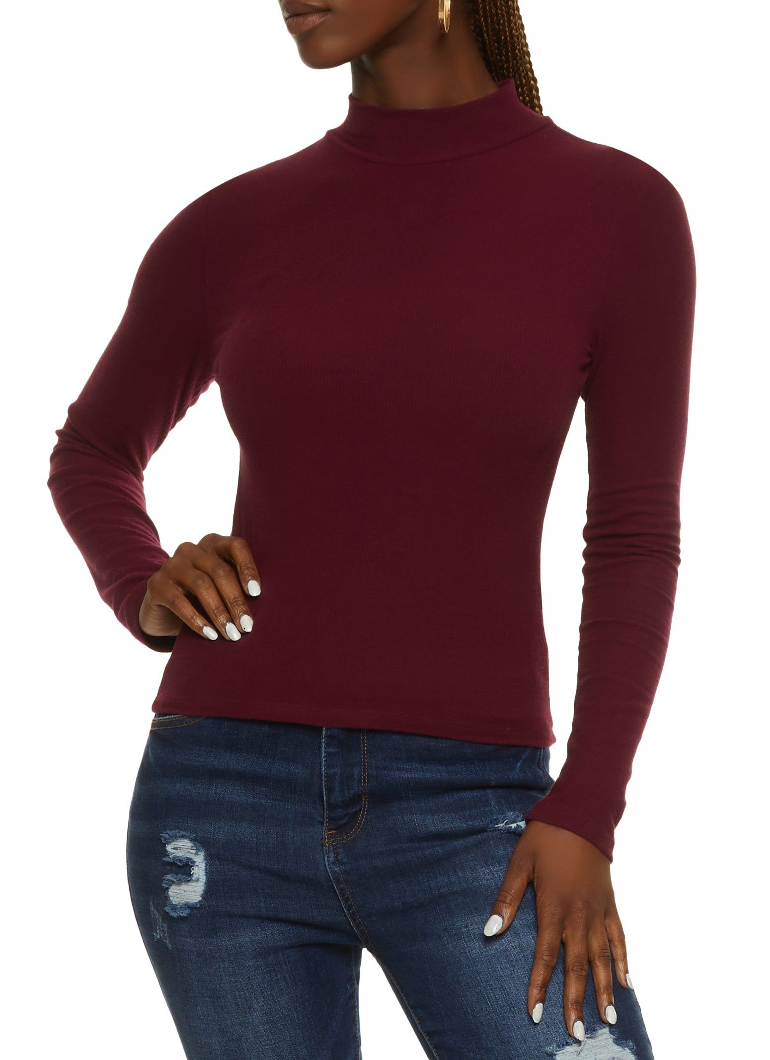 Ribbed Mock Neck Long Sleeve Top sold by Rainbow