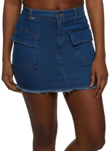 Denim Frayed Hem Cargo Pocket Mini Skirt sold by Rainbow