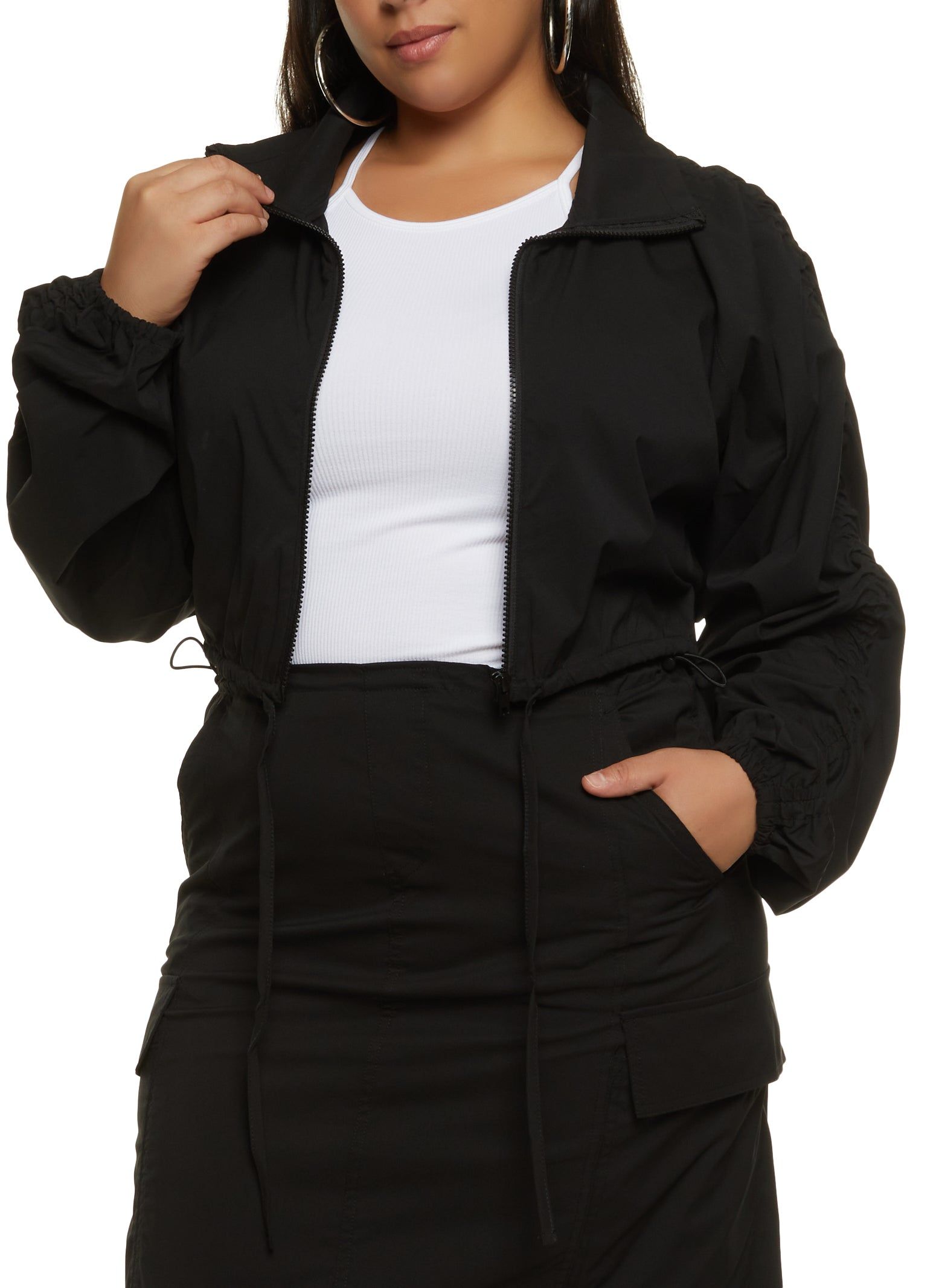 Plus Size Zip Front Ruched Sleeve Cropped Jacket sold by Rainbow