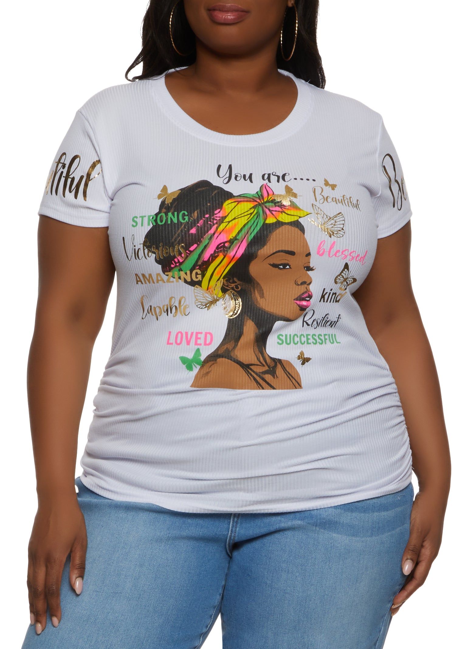 Plus Size Foil Screen Ruched Graphic Tee sold by Rainbow