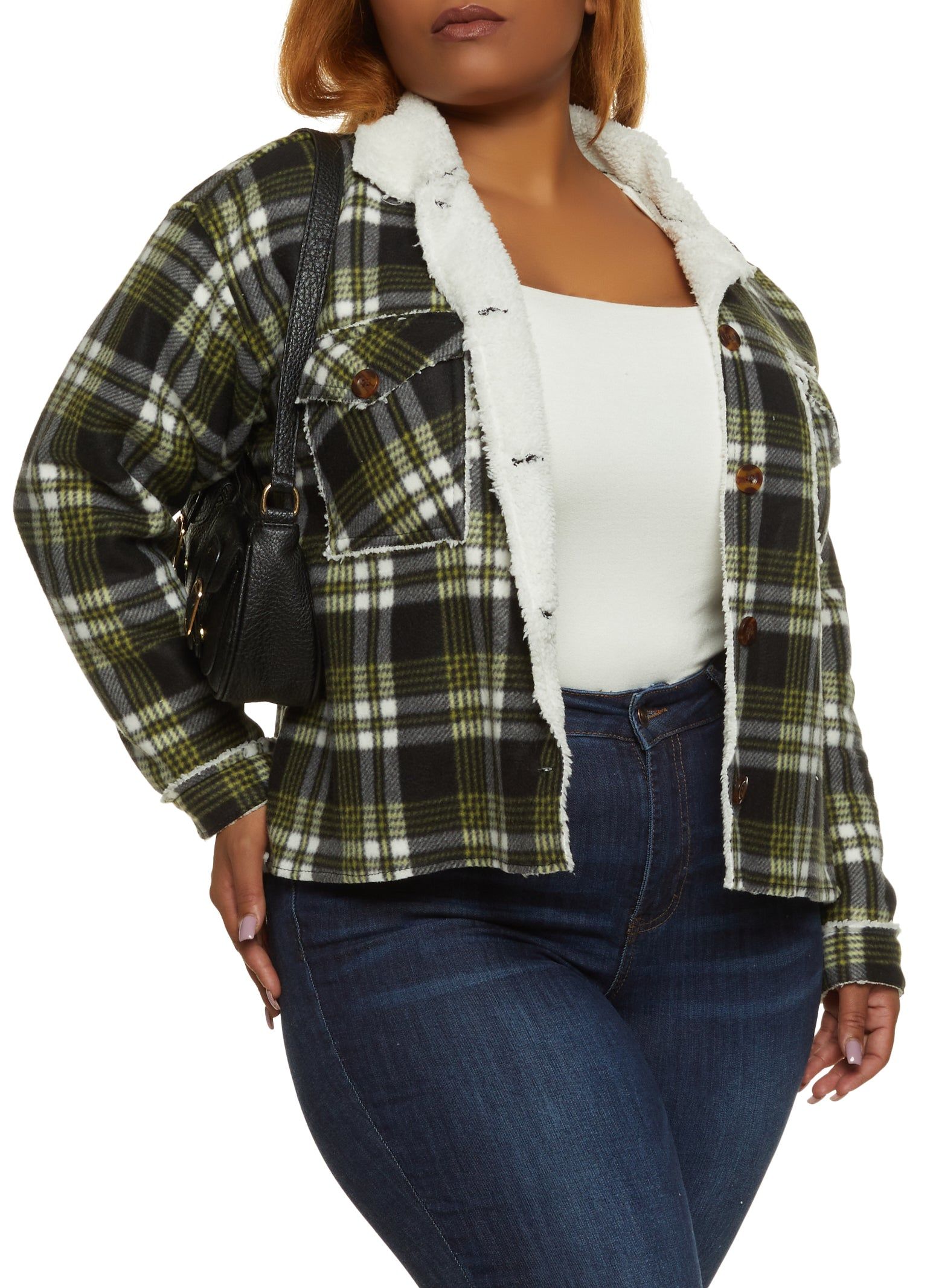 Plus Size Plaid Brushed Knit Sherpa Lined Shacket sold by Rainbow