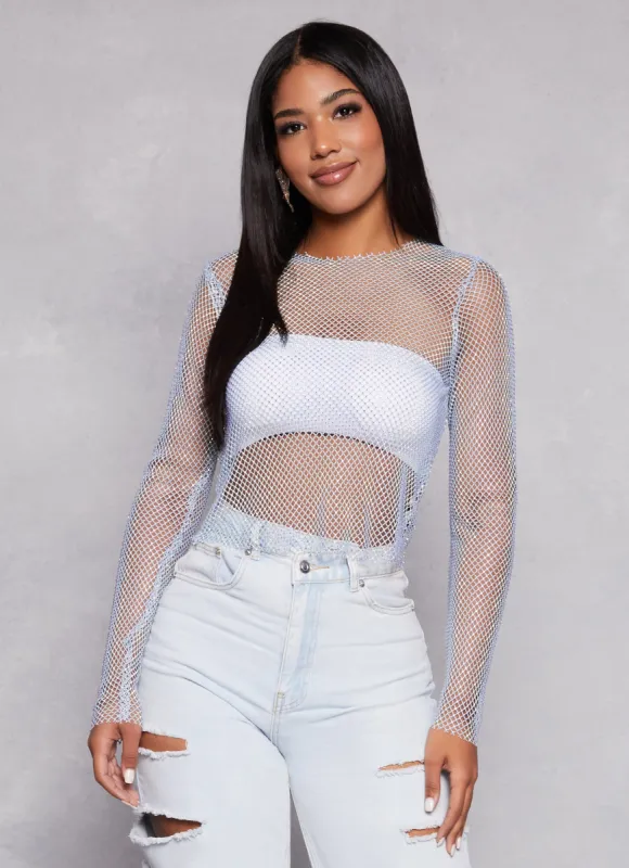 Long Sleeve Rhinestone Fishnet Top sold by Rainbow