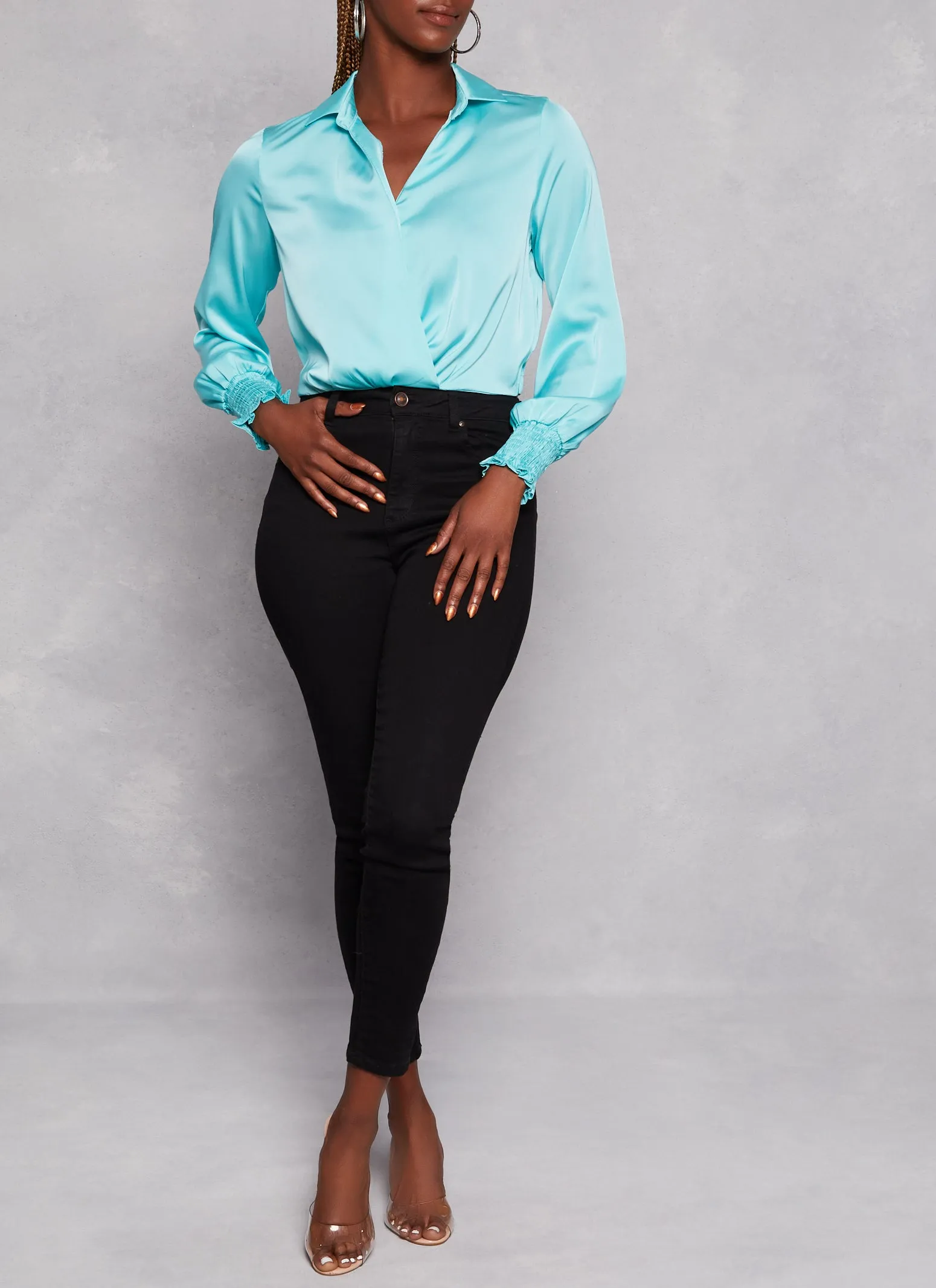 Satin Puff Sleeve Faux Wrap Shirt sold by Rainbow product image thumbnail 2