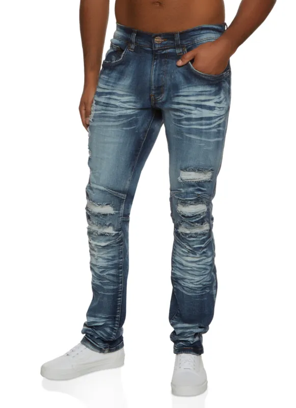 Mens Distressed Whiskered Moto Jeans sold by Rainbow