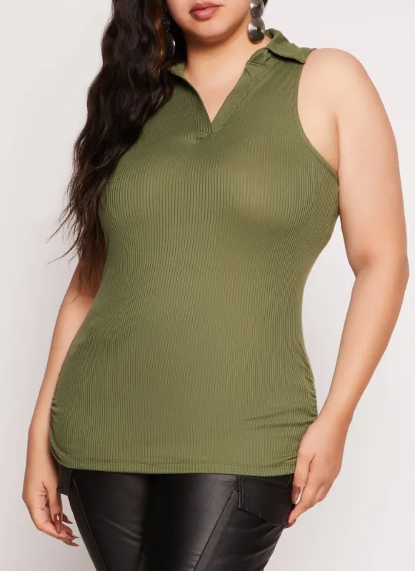 Plus Size Sleeveless Rib Knit Collared Top sold by Rainbow