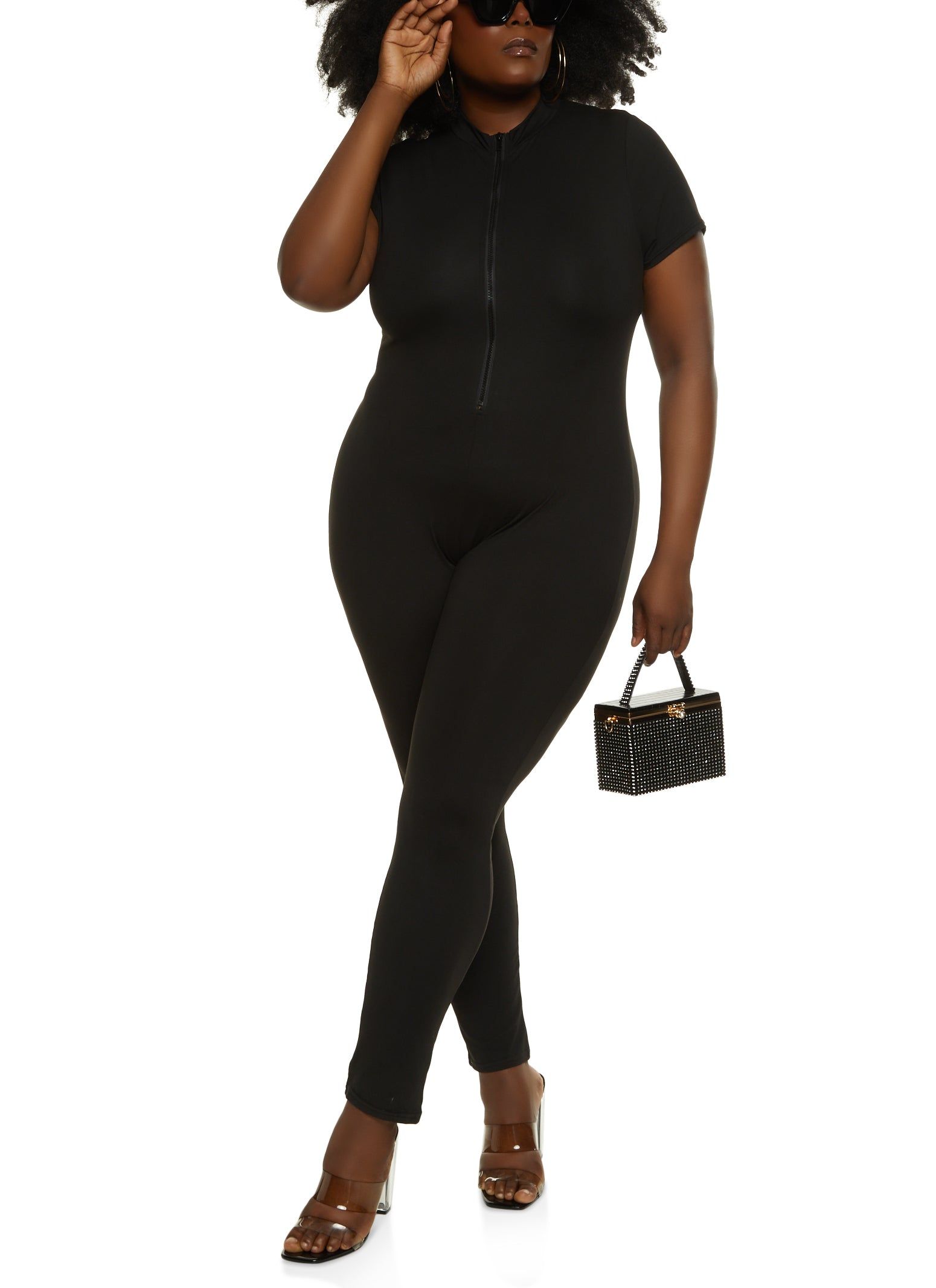 Plus Size Half Zip Mock Neck Short Sleeve Catsuit sold by Rainbow
