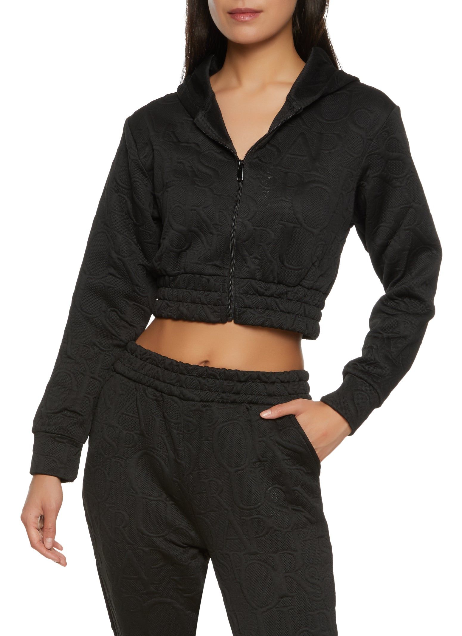 Embossed Zip Front Cropped Hoodie sold by Rainbow