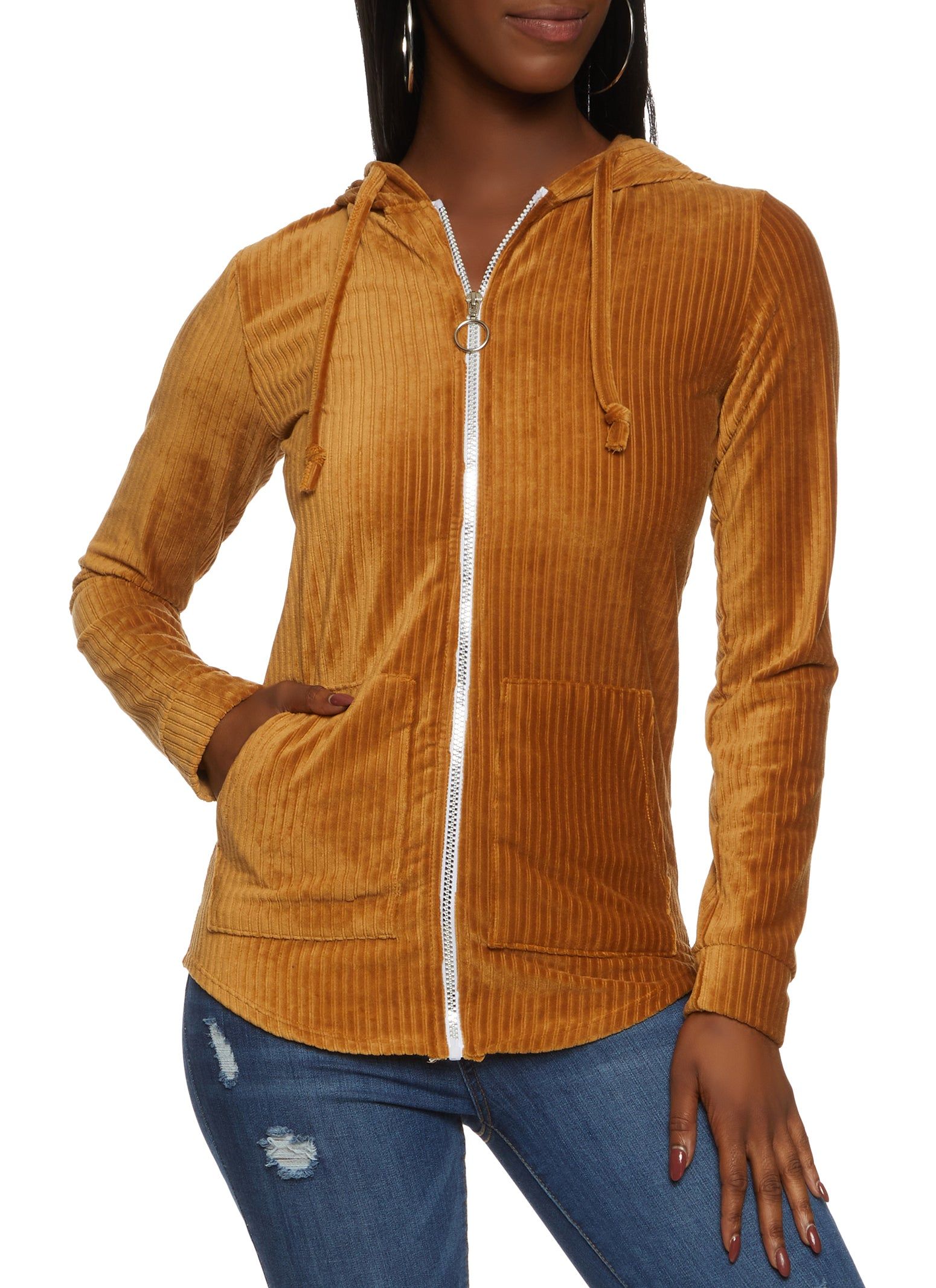 Ribbed Knit Velour Zip Front Hoodie sold by Rainbow