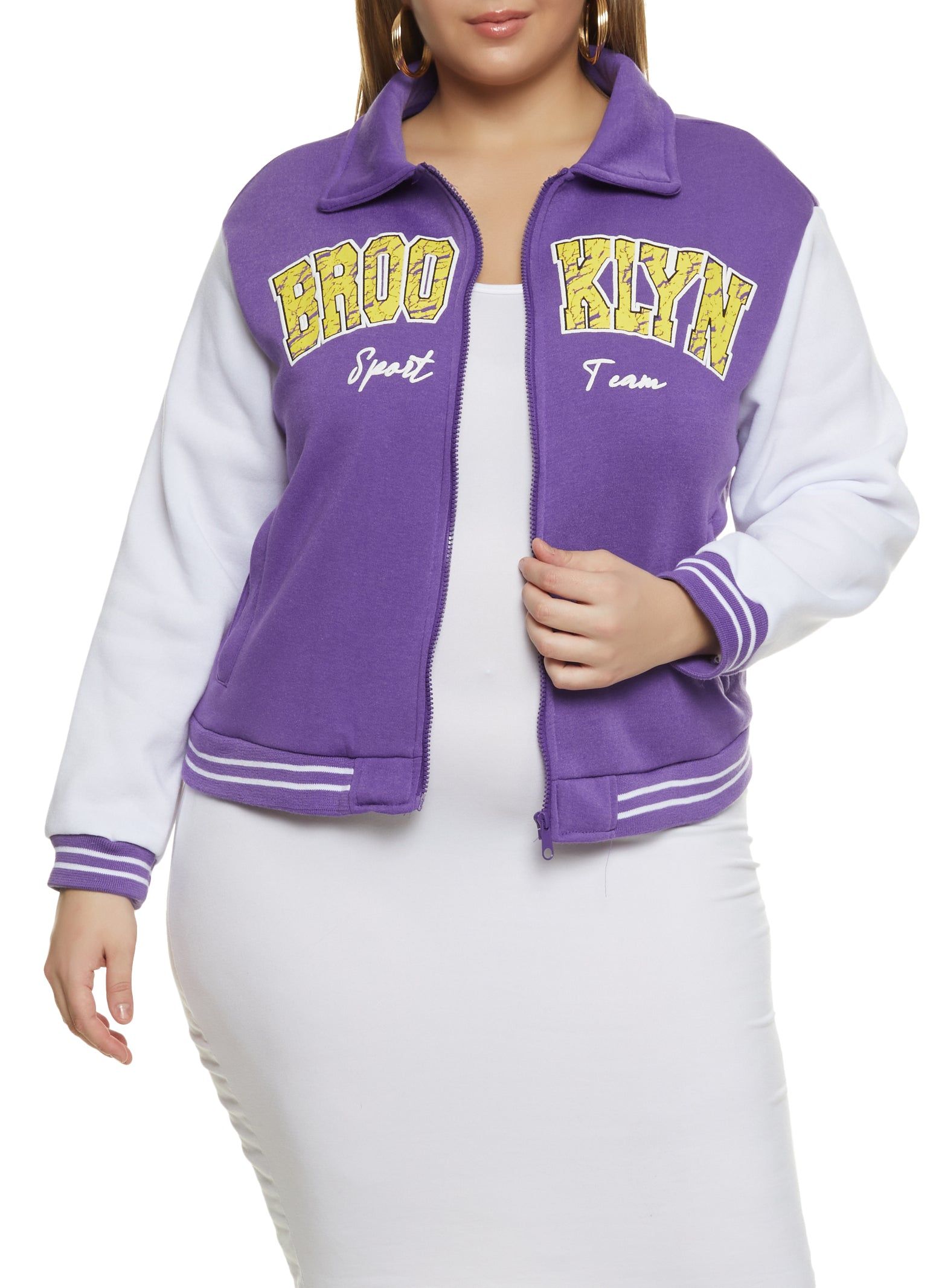Plus Size Brooklyn Zip Front Varsity Jacket sold by Rainbow