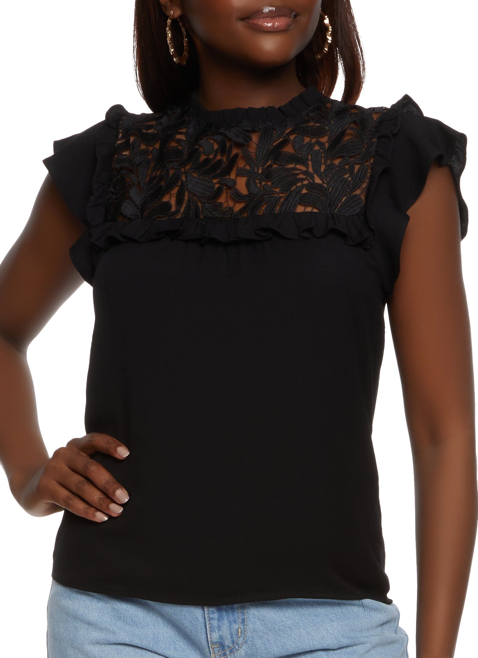 Crochet Detail Ruffle Trim Blouse sold by Rainbow