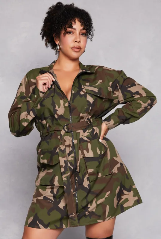 Plus Size Camo Cargo Tie Waist Belted Dress sold by Rainbow