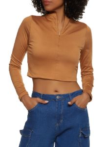 Half Zip Mock Neck Long Sleeve Crop Top sold by Rainbow