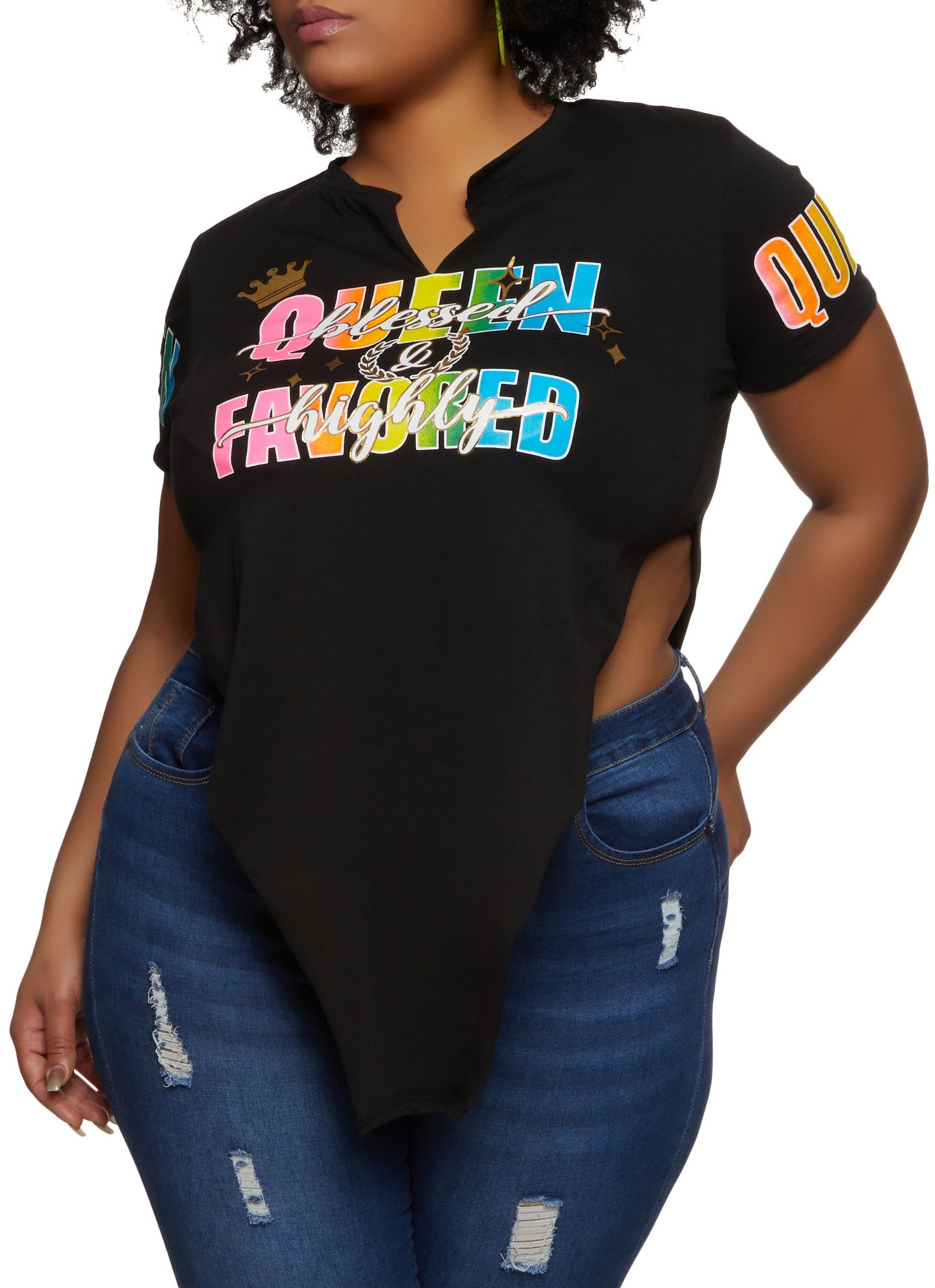Plus Size Blessed Queen and Highly Favored Foil Graphic Tee sold by Rainbow