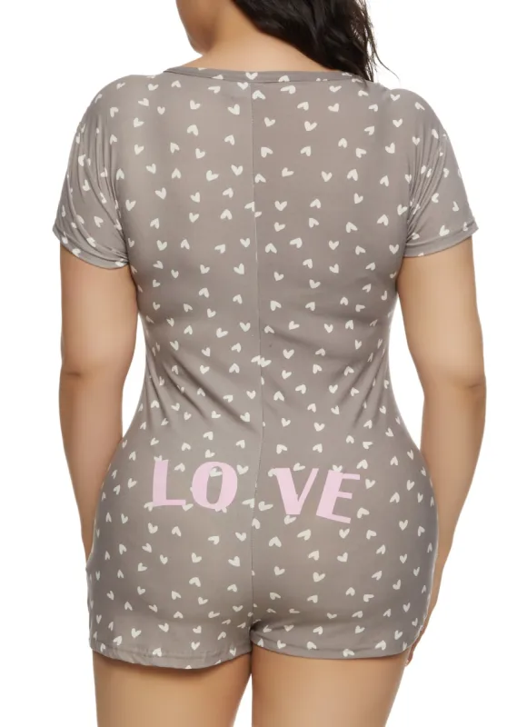 Plus Size Love Heart Print Pajama Romper sold by Rainbow