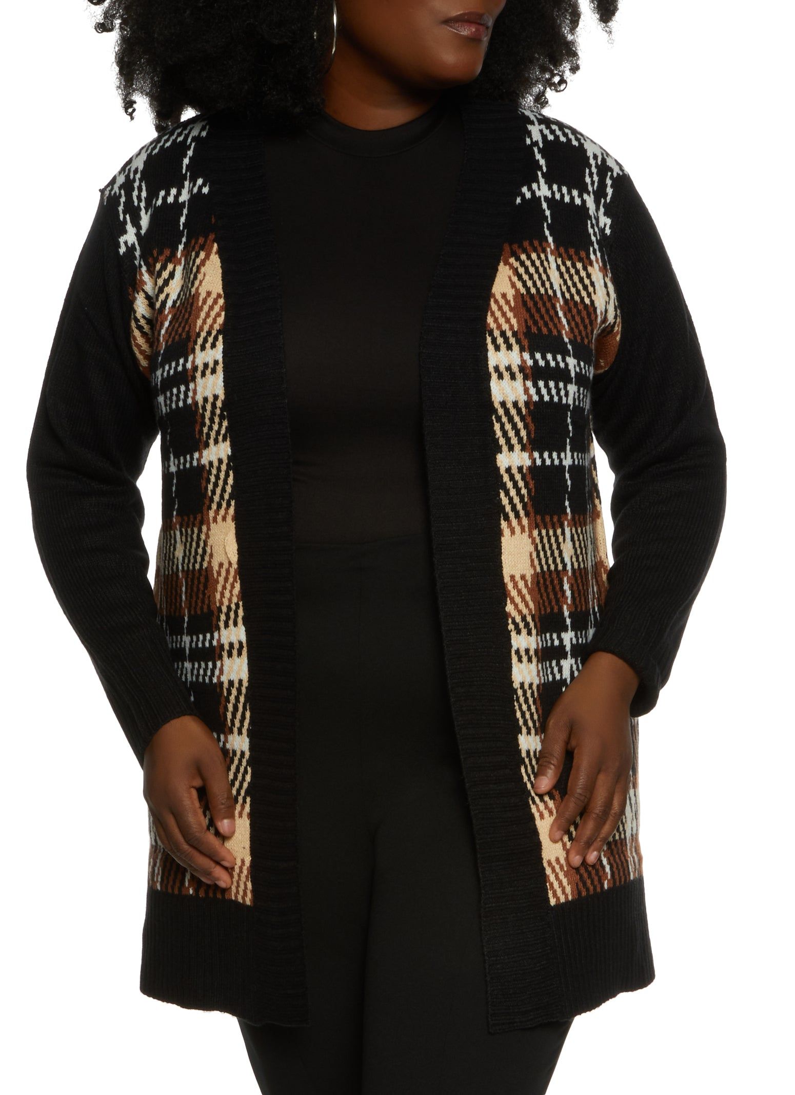 Plus Size Plaid Long Sleeve Open Front Cardigan sold by Rainbow