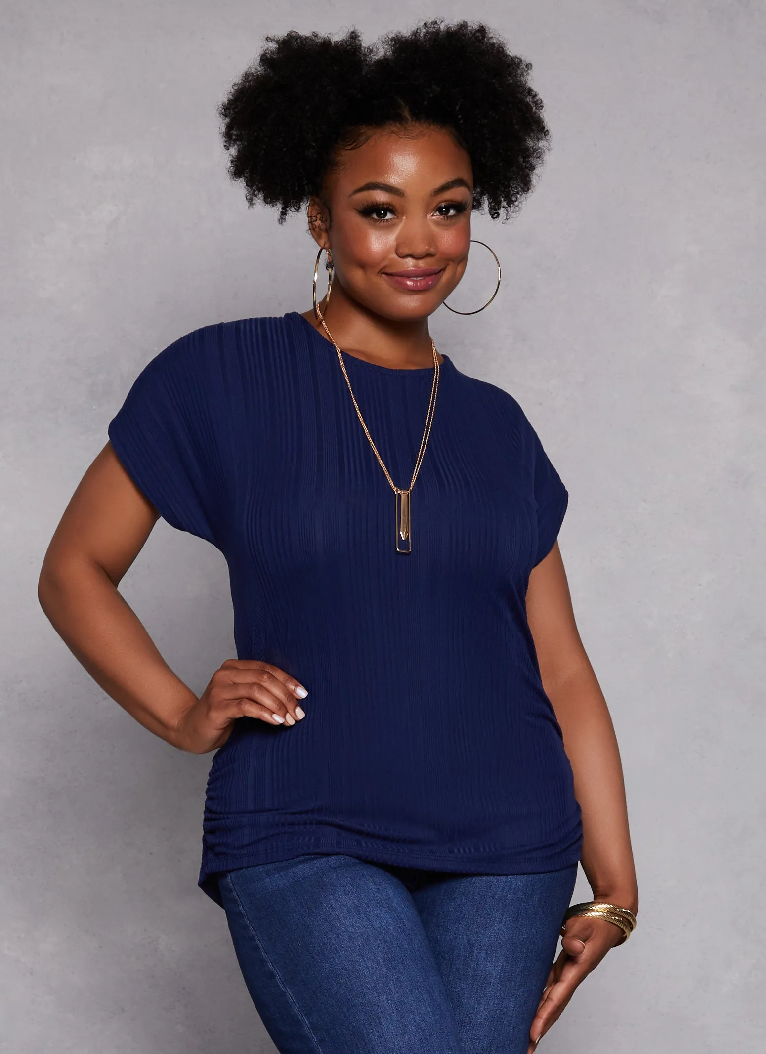 Plus Size Ribbed Short Sleeve Top with Necklace sold by Rainbow