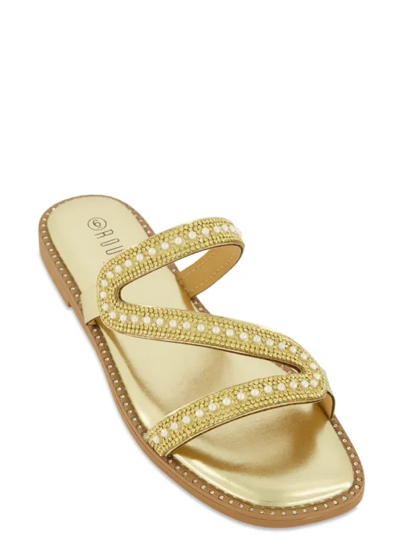 Rhinestone Asymmetric Band Flat Sandals sold by Rainbow