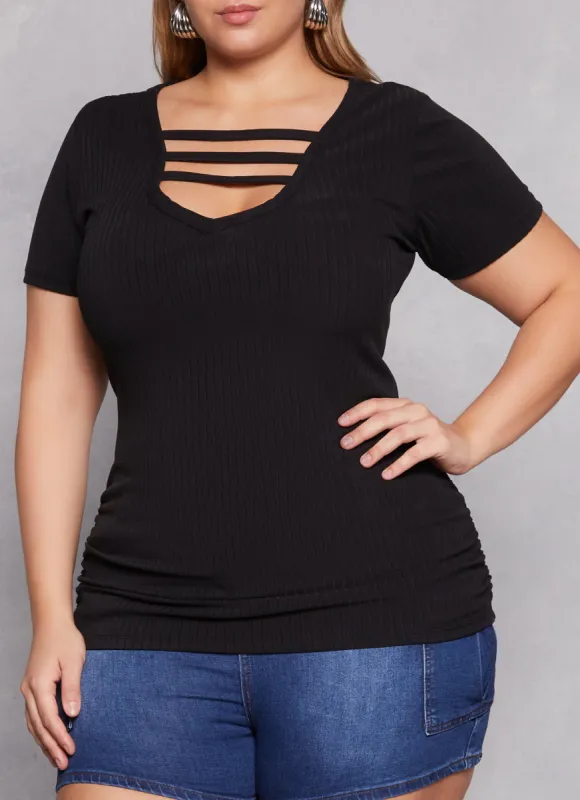 Plus Size Ribbed Caged V Neck Tee sold by Rainbow