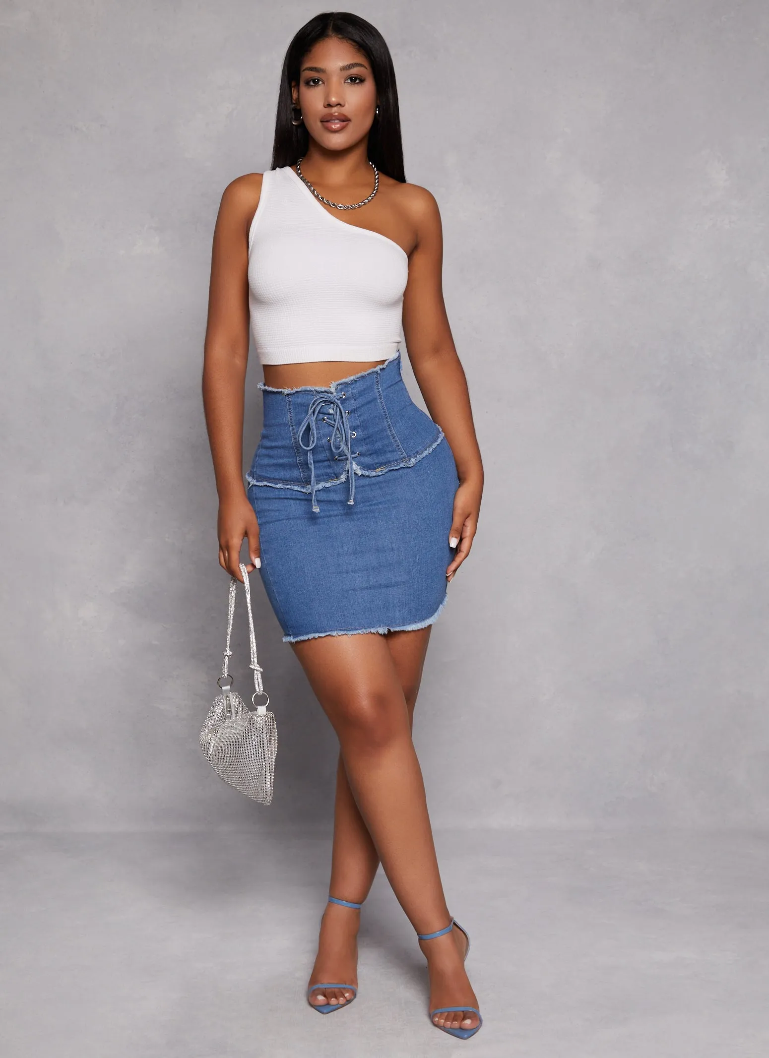 Lace Up High Waist Denim Skirt sold by Rainbow