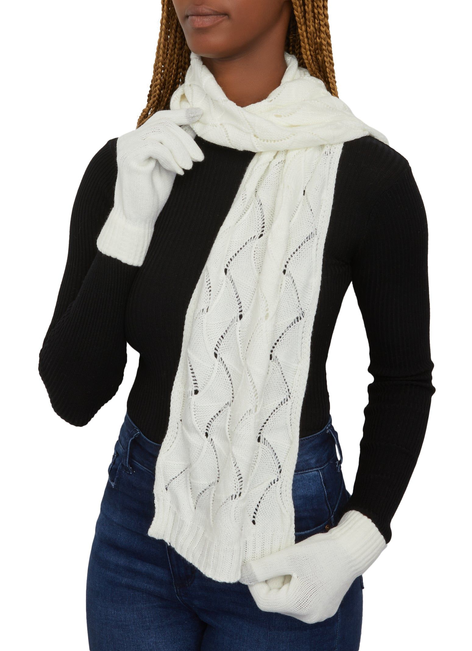 Pointelle Knit Pom Pom Beanie with Scarf and Gloves sold by Rainbow product image thumbnail 3