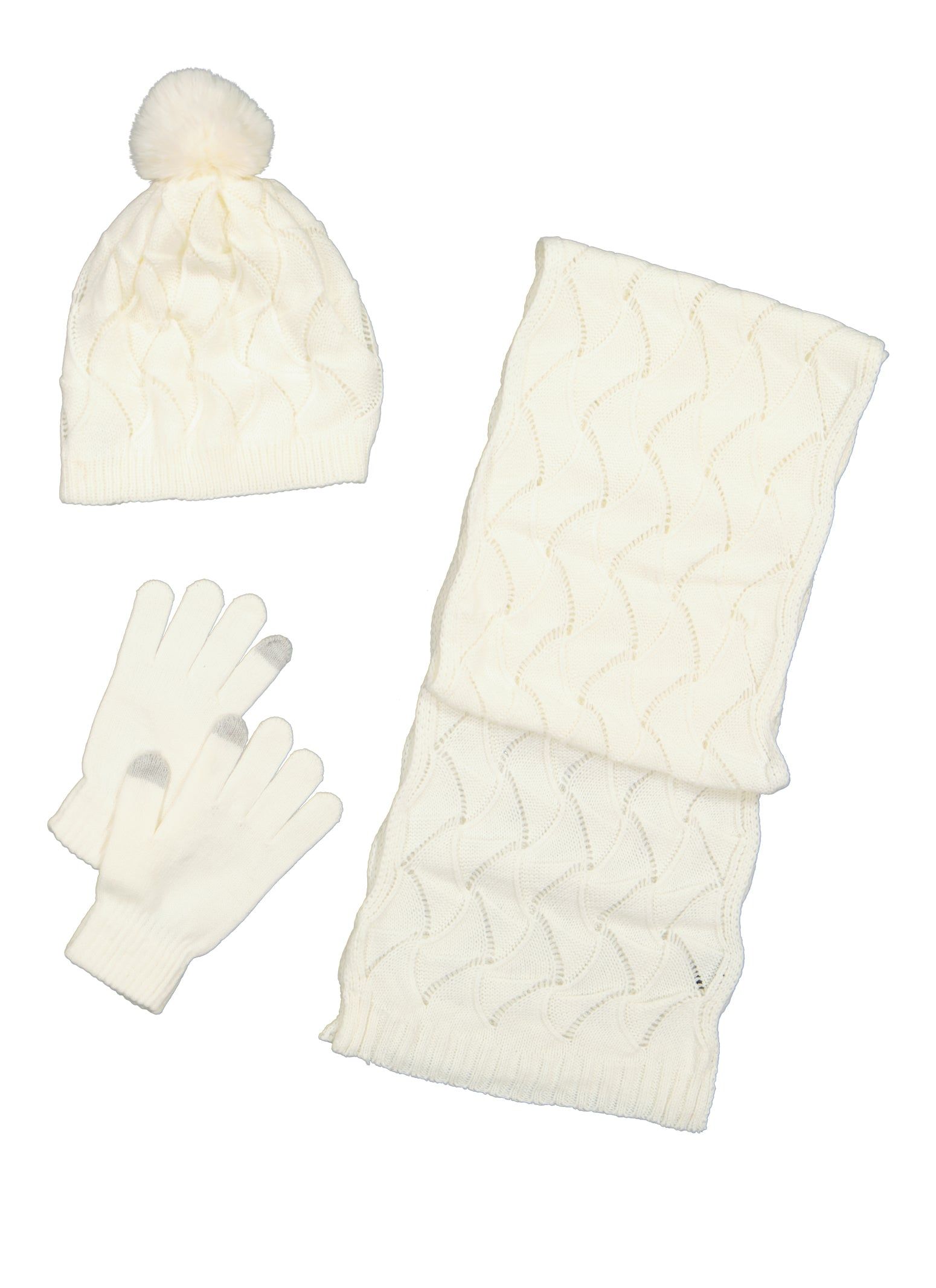 Pointelle Knit Pom Pom Beanie with Scarf and Gloves sold by Rainbow