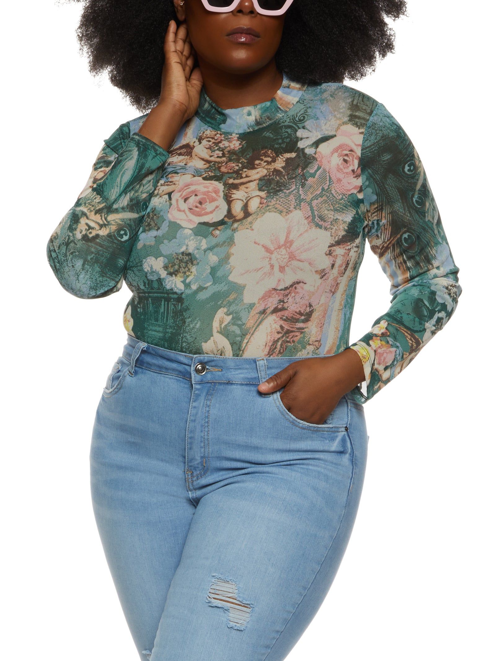 Plus Size Printed Mesh Mock Neck Bodysuit sold by Rainbow product image thumbnail 2