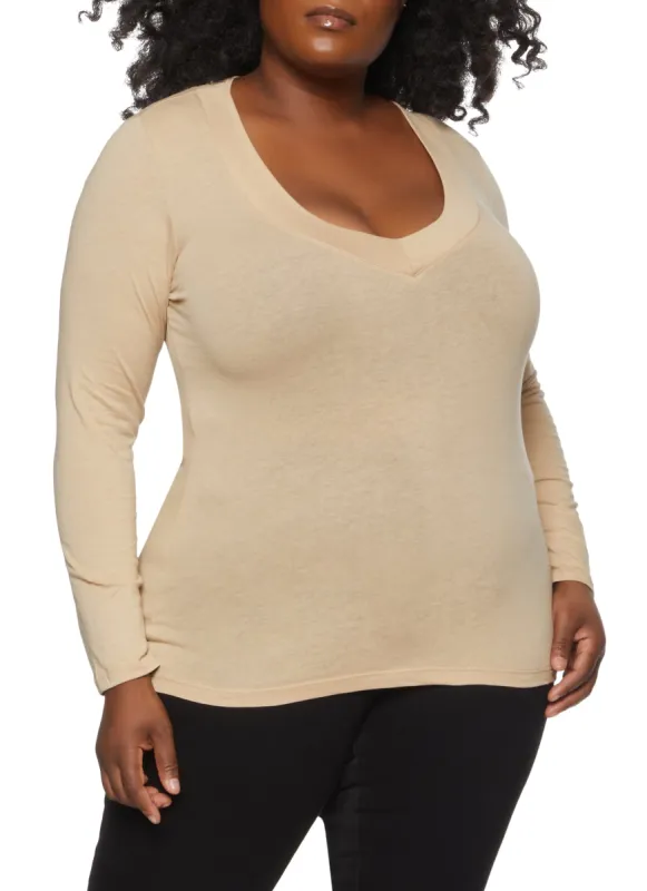 Plus Size Solid V Neck Long Sleeve Tee sold by Rainbow