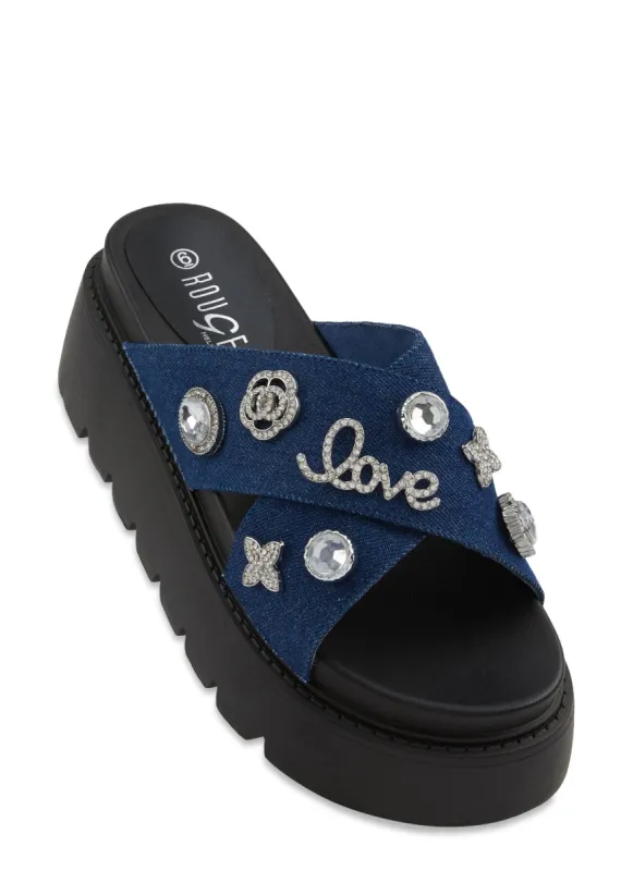Love Charm Pendant Platform Slide Sandals sold by Rainbow