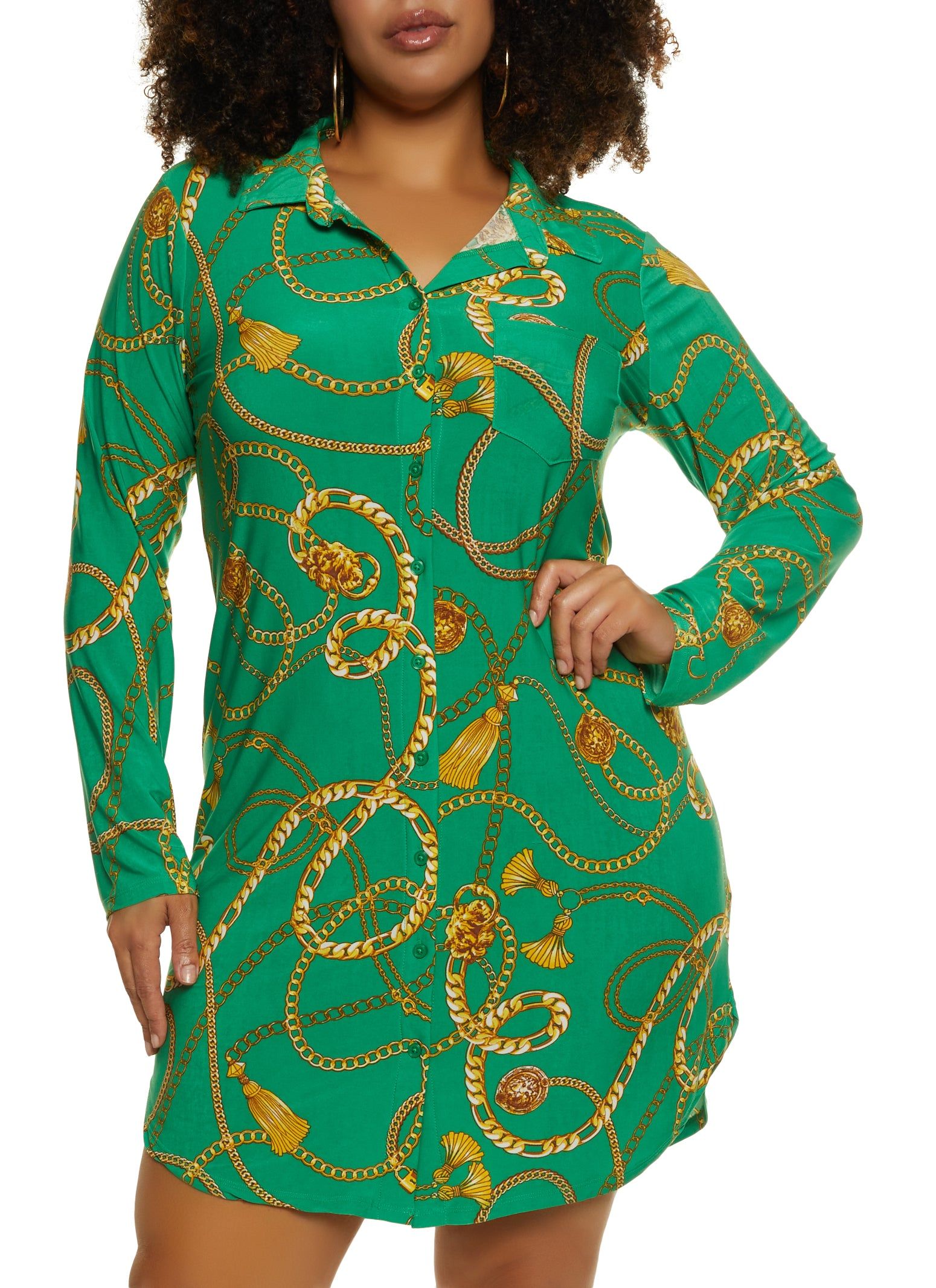 Plus Size Chain Status Print Button Front Dress sold by Rainbow