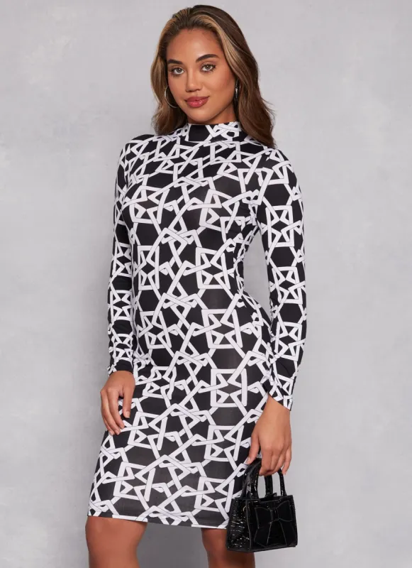 Printed Mock Neck Long Sleeve Dress sold by Rainbow