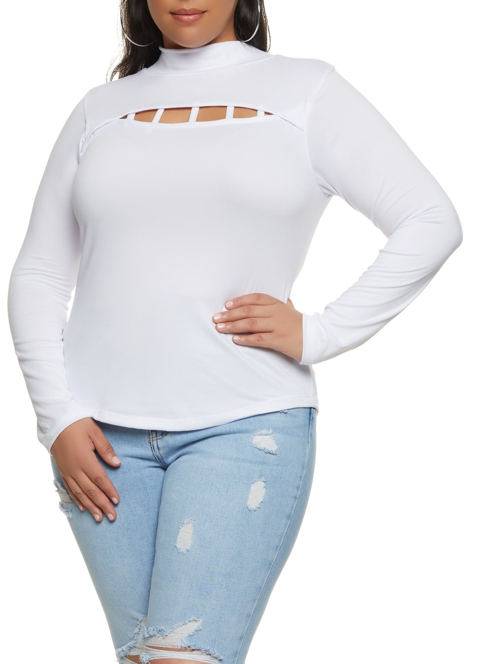 Plus Size Caged Keyhole Mock Neck Long Sleeve Top sold by Rainbow