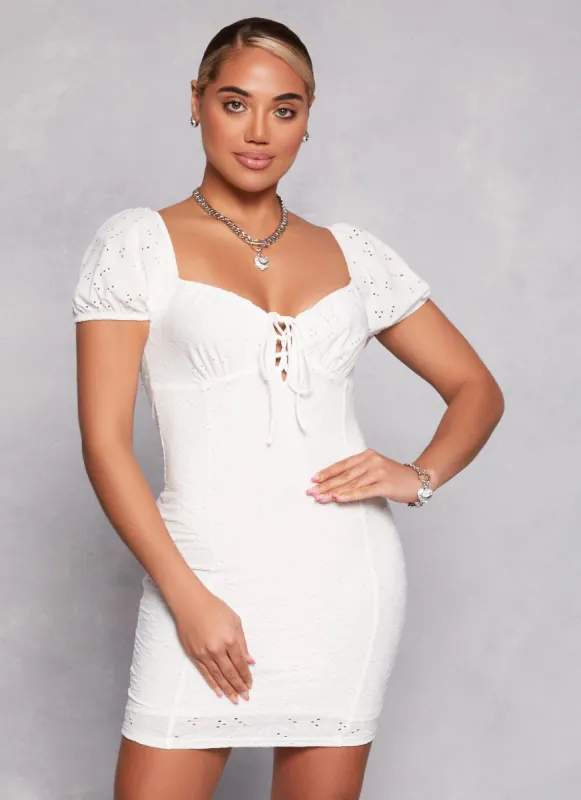 Eyelet Lace Up Detail Peasant Dress sold by Rainbow