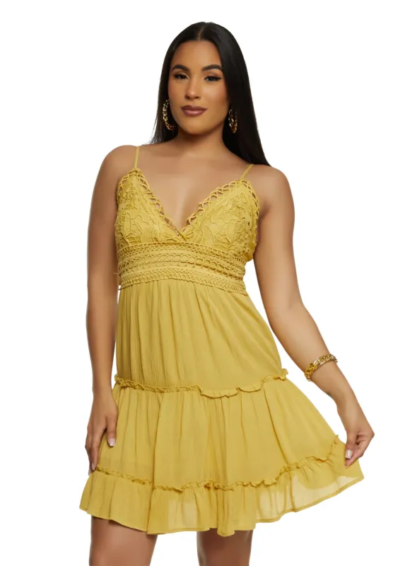 Iris Crochet V Neck Ruffled Tiered Mini Dress sold by Rainbow