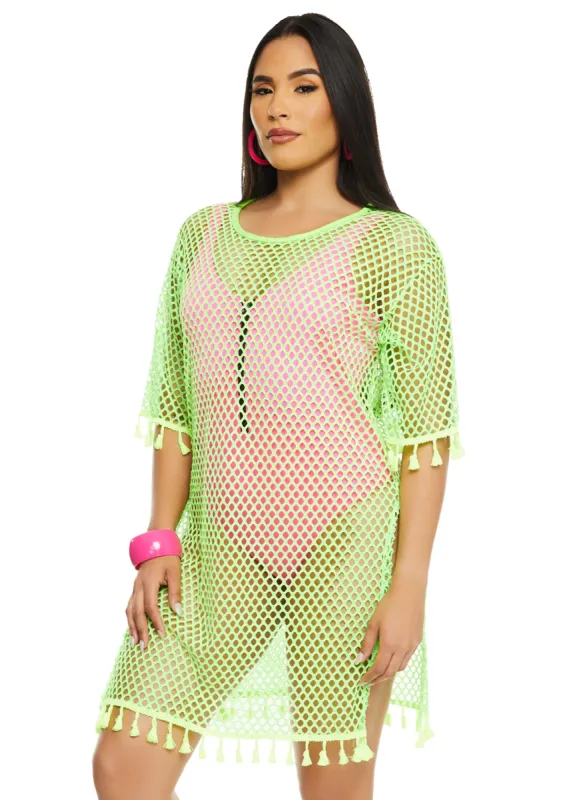 Tassel Trim Fishnet Cover Up sold by Rainbow