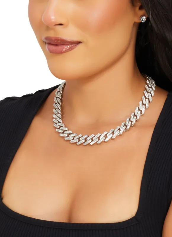 Cubic Zirconia Cuban Link Chain Necklace and Stud Earrings sold by Rainbow