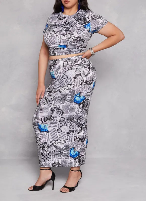 Plus Size Floral Newspaper Print Maxi Skirt sold by Rainbow