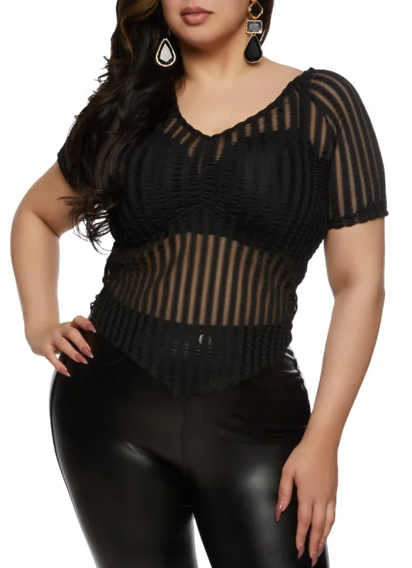 Plus Size Striped Mesh Detail Hanky Hem Top sold by Rainbow