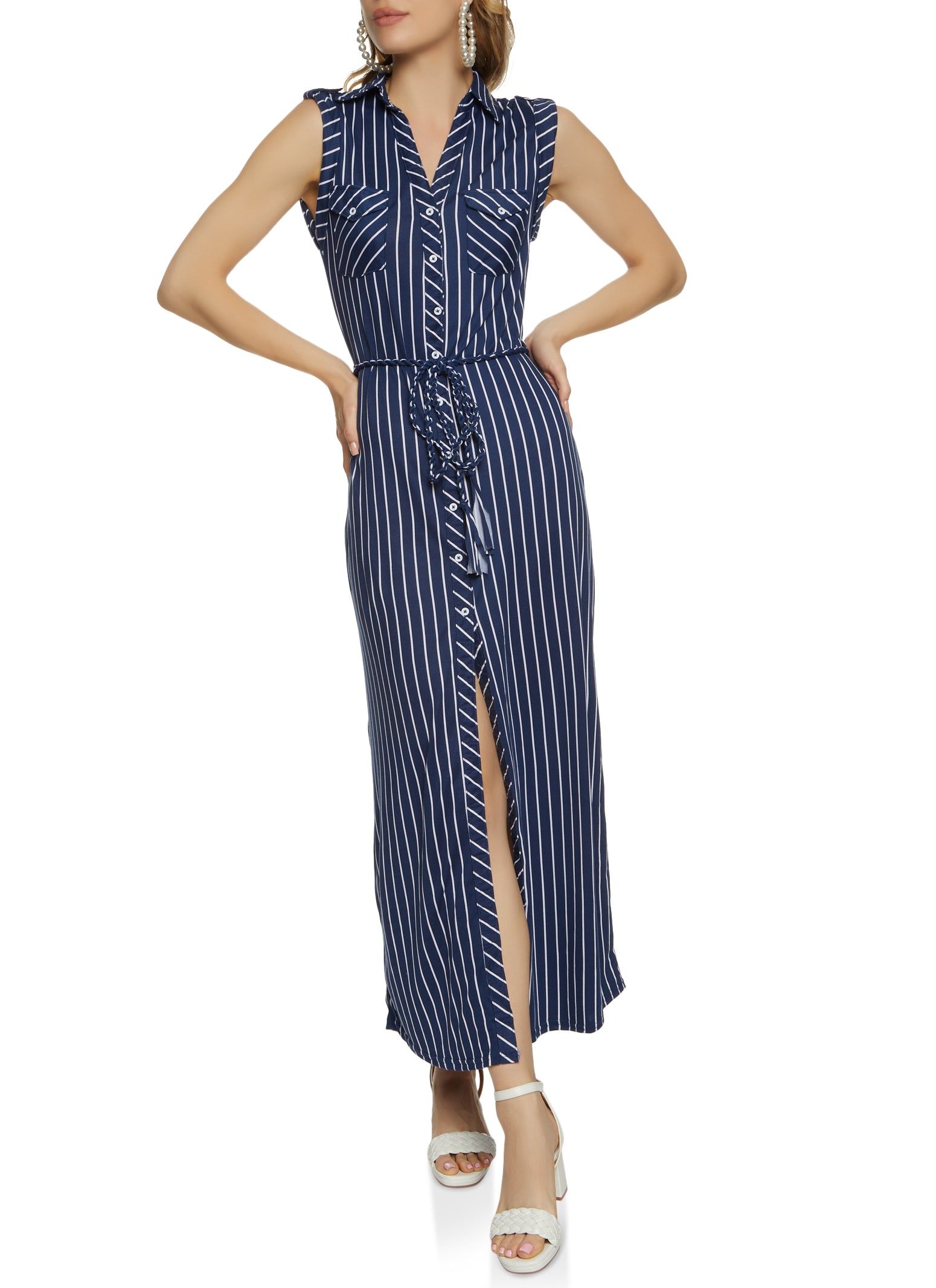 Striped Button Front Tie Waist Maxi Dress sold by Rainbow product image thumbnail 2