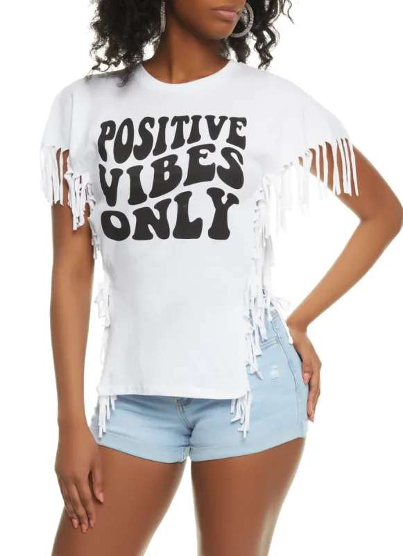 Positive Vibes Only Fringe Side Tie Top sold by Rainbow