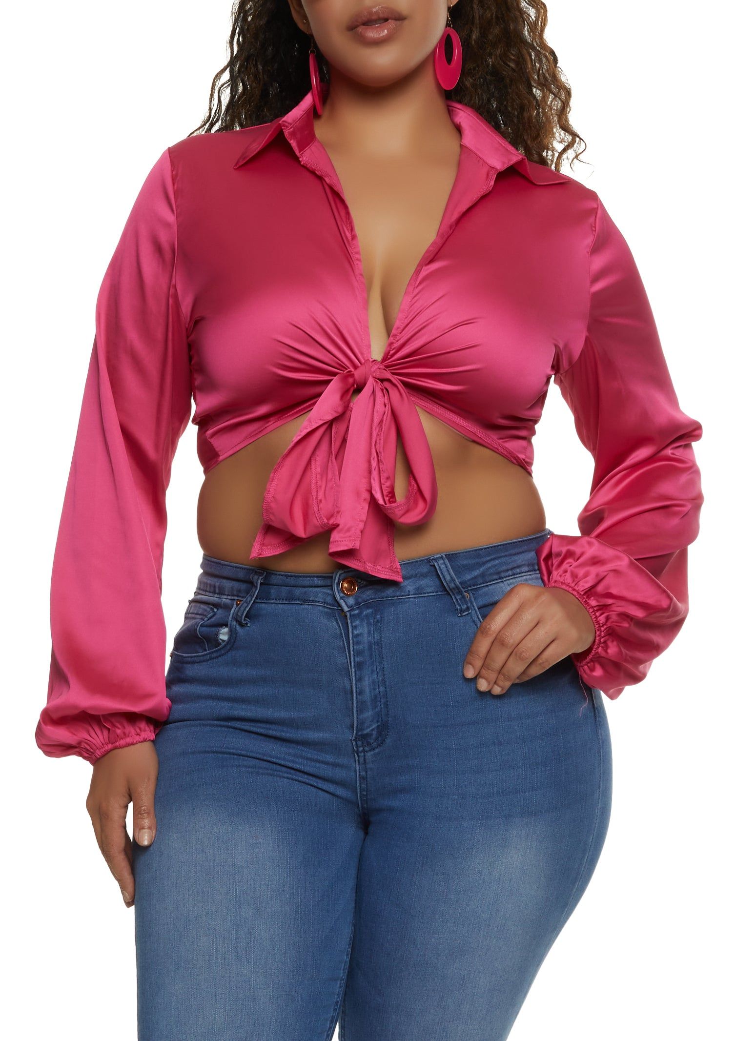 Plus Size Balloon Sleeve Tie Front Crop Top sold by Rainbow