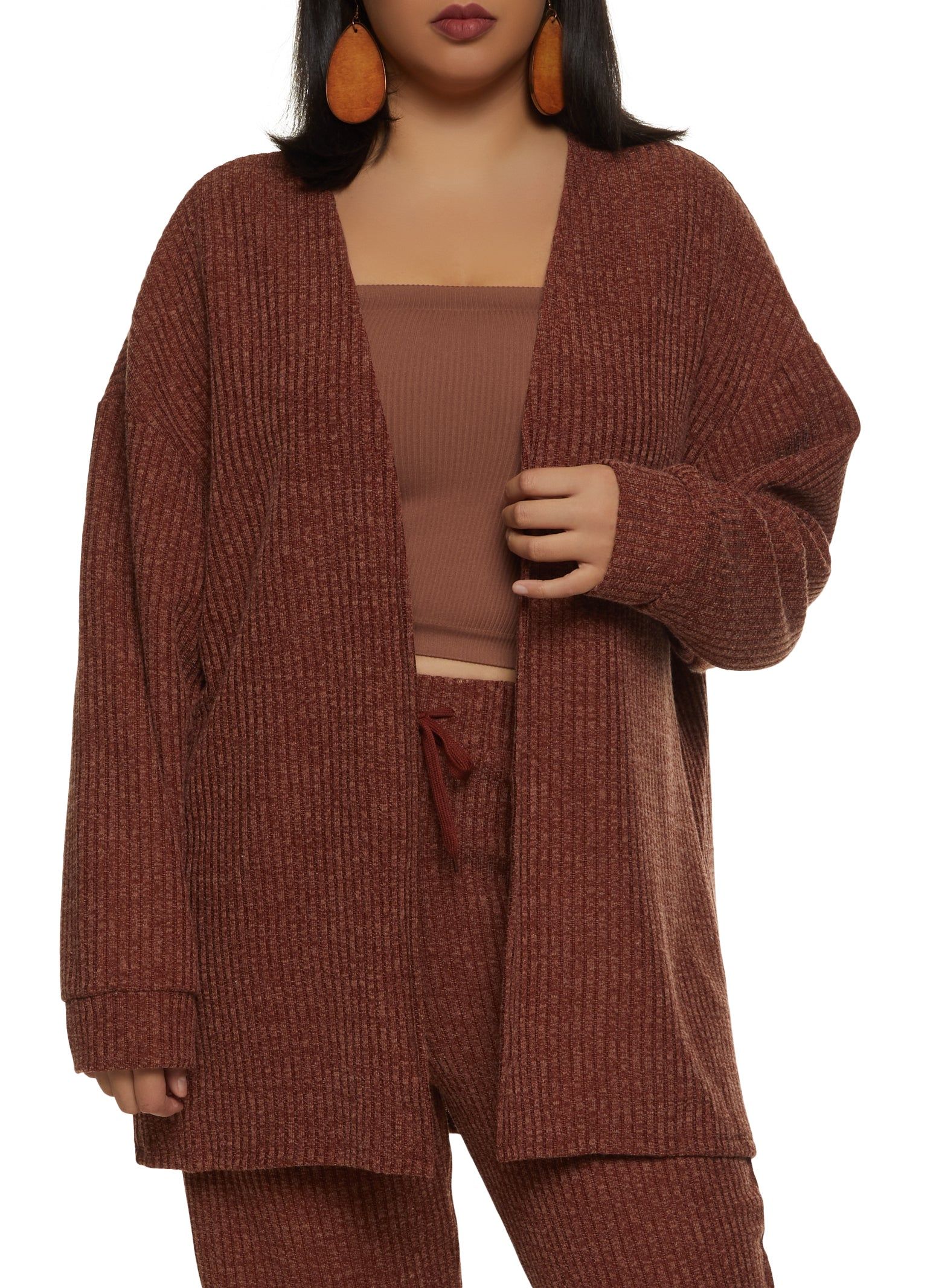 Plus Size Ribbed Drop Shoulder Open Front Cardigan sold by Rainbow